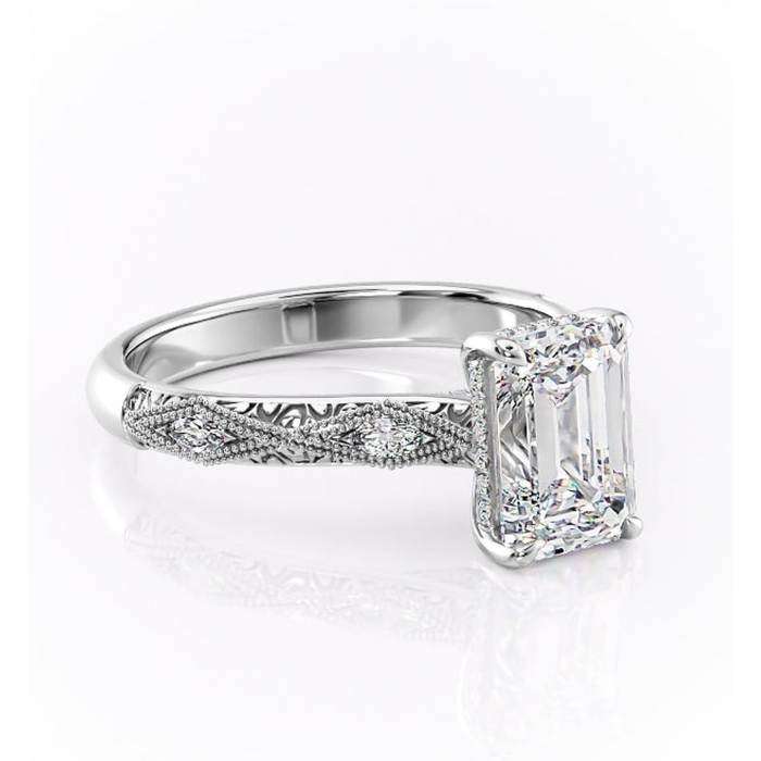 Inel de logodnă Vespera din aur Alb 14kt cu moissanite tăietură smarald – Pietre laterale rafinată pentru profil înalt | Personalizează și configurează gratuit online [1]