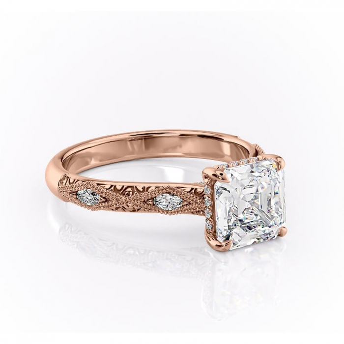 Inel de logodnă Vespera din aur Rose 14kt cu moissanite tăietură asscher – Pietre laterale rafinată pentru profil înalt | Personalizează și configurează gratuit online [1]