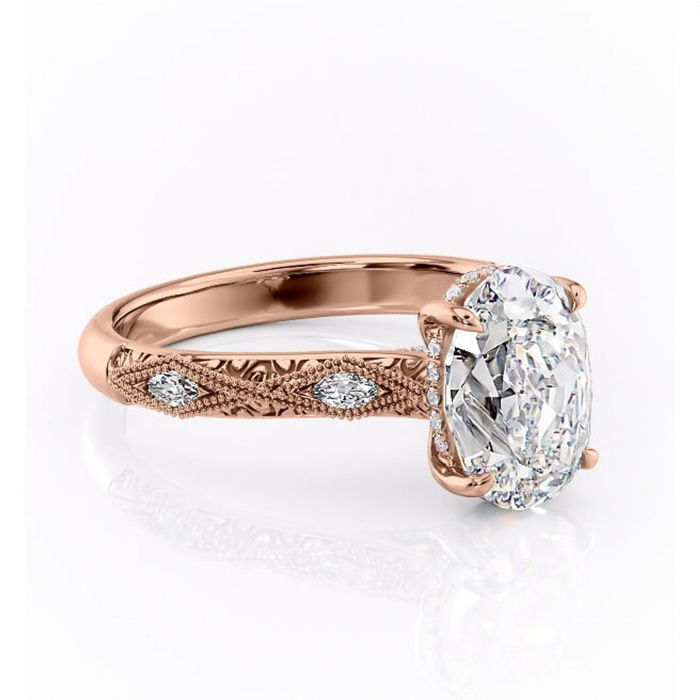 Inel de logodnă Vespera din aur Rose 18kt cu moissanite tăietură ovală – Pietre laterale rafinată pentru profil înalt | Personalizează și configurează gratuit online [1]