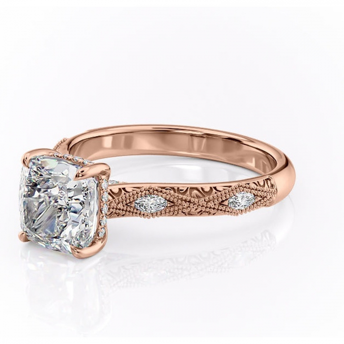 Inel de logodnă Vespera din aur Rose 14kt cu moissanite tăietură pernă – Pietre laterale rafinată pentru profil înalt | Personalizează și configurează gratuit online [7]