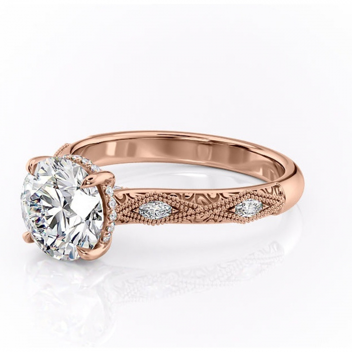 Inel de logodnă Vespera din aur Rose 14kt cu moissanite tăietură rotundă – Pietre laterale rafinată pentru profil înalt | Personalizează și configurează gratuit online [7]
