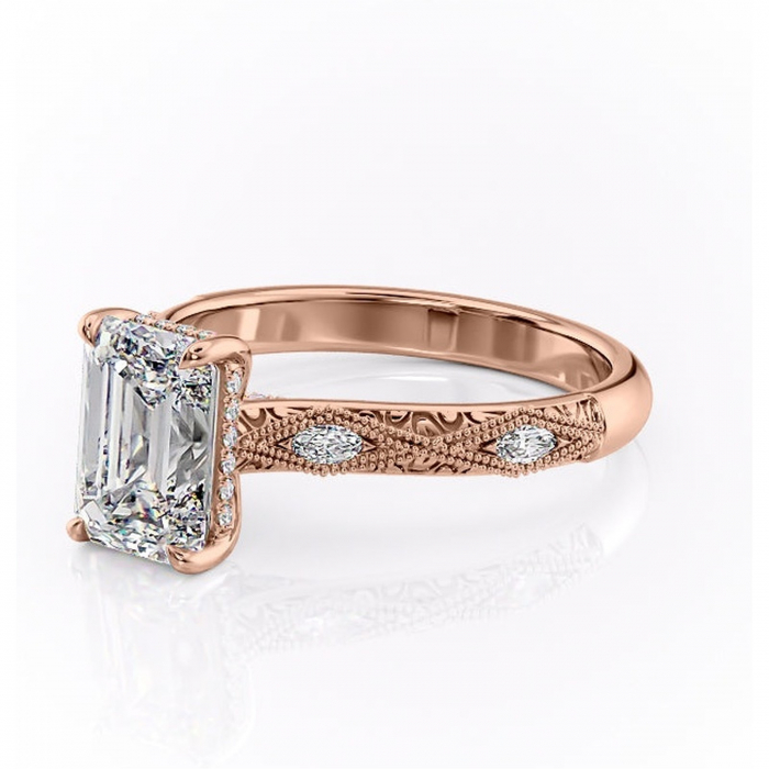 Inel de logodnă Vespera din aur Rose 18kt cu moissanite tăietură smarald – Pietre laterale rafinată pentru profil înalt | Personalizează și configurează gratuit online [7]