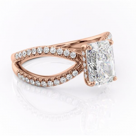 14K - Inel de logodnă Acacia din aur Rose 14kt cu moissanite tăietură radiantă – Montură pavé rafinată pentru profil înalt | Personalizează și configurează gratuit online