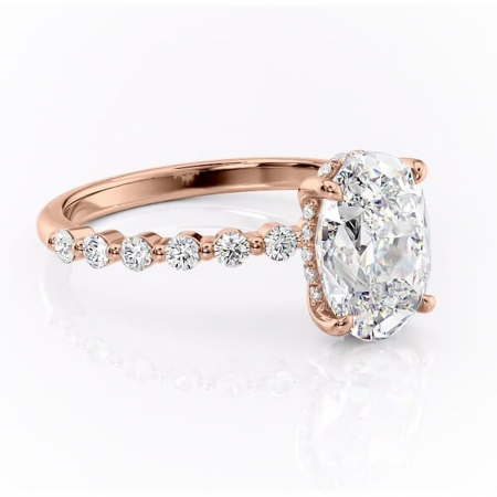 14K - Inel de logodnă Amara din aur Rose 14kt cu moissanite tăietură ovală – Pietre laterale rafinată pentru profil înalt | Personalizează și configurează gratuit online