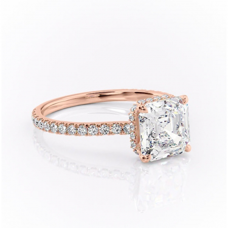 Aur roz - Inel de logodnă Arabella din aur Rose 18kt cu moissanite tăietură asscher – Montură pavé rafinată pentru profil jos | Personalizează și configurează gratuit online