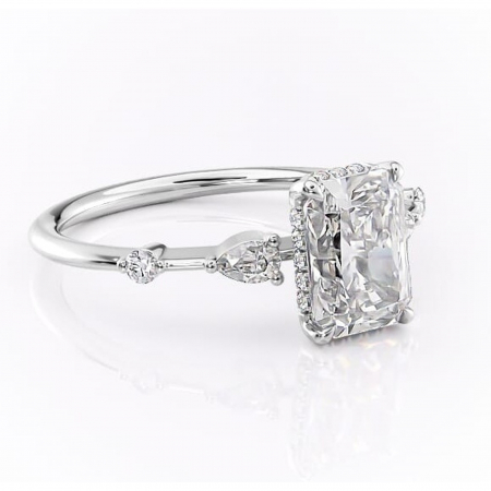 Radiantă - Inel de logodnă Azalea din aur Alb 14kt cu moissanite tăietură radiantă – Montură cu trei pietre rafinată pentru profil mediu | Personalizează și configurează gratuit online