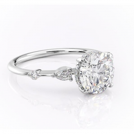 Halo - Inel de logodnă Azalea din aur Alb 14kt cu moissanite tăietură rotundă – Montură cu trei pietre rafinată pentru profil mediu | Personalizează și configurează gratuit online