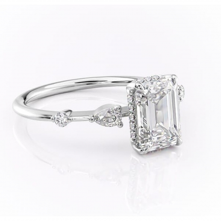 Smarald - Inel de logodnă Azalea din aur Alb 14kt cu moissanite tăietură smarald – Montură cu trei pietre rafinată pentru profil mediu | Personalizează și configurează gratuit online