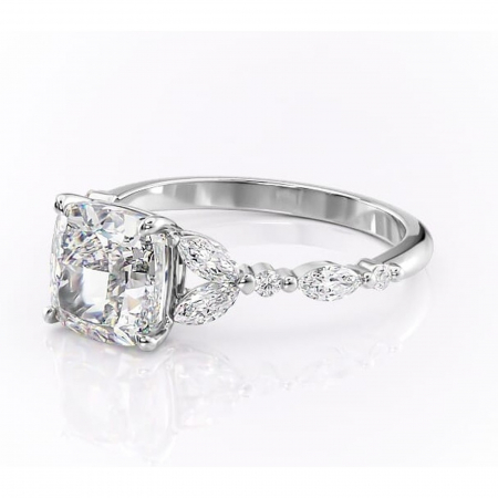 Inel de logodnă Bloom din aur Alb 14kt cu moissanite tăietură pernă – Montură cu trei pietre rafinată pentru profil mediu | Personalizează și configurează gratuit online [6]