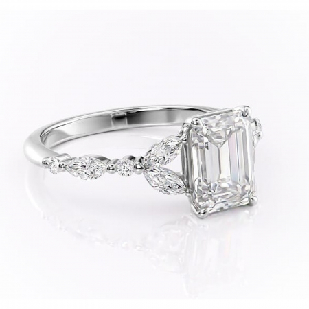 Alege forma Moissanit - Inel de logodnă Bloom din aur Alb 14kt cu moissanite tăietură smarald – Montură cu trei pietre rafinată pentru profil mediu | Personalizează și configurează gratuit online