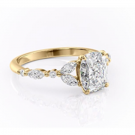 Pernă alungită - Inel de logodnă Bloom din aur Galben 14kt cu moissanite tăietură pernă – Montură cu trei pietre rafinată pentru profil mediu | Personalizează și configurează gratuit online