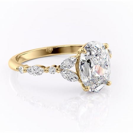 Ovală - Inel de logodnă Bloom din aur Galben 18kt cu moissanite tăietură ovală – Montură cu trei pietre rafinată pentru profil mediu | Personalizează și configurează gratuit online