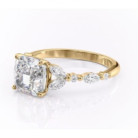 Inel de logodnă Bloom din aur Galben 14kt cu moissanite tăietură pernă – Montură cu trei pietre rafinată pentru profil mediu | Personalizează și configurează gratuit online [6]