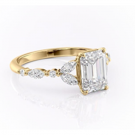 Smarald - Inel de logodnă Bloom din aur Galben 18kt cu moissanite tăietură smarald – Montură cu trei pietre rafinată pentru profil mediu | Personalizează și configurează gratuit online