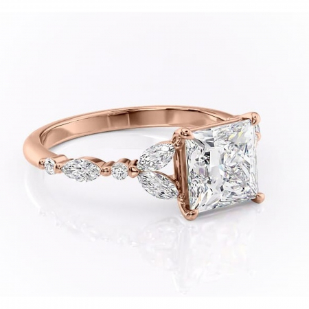 18K - Inel de logodnă Bloom din aur Rose 18kt cu moissanite tăietură princess – Montură cu trei pietre rafinată pentru profil mediu | Personalizează și configurează gratuit online