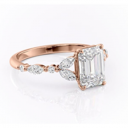 14K - Inel de logodnă Bloom din aur Rose 14kt cu moissanite tăietură smarald – Montură cu trei pietre rafinată pentru profil mediu | Personalizează și configurează gratuit online