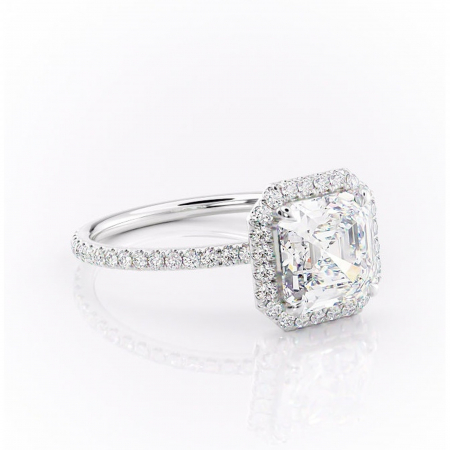 Alege forma Moissanit - Inel de logodnă Celeste din aur Alb 14kt cu moissanite tăietură asscher – Halo rafinată pentru profil mediu | Personalizează și configurează gratuit online