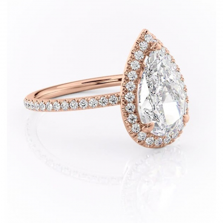18K - Inel de logodnă Celeste din aur Rose 18kt cu moissanite tăietură pară – Halo rafinată pentru profil mediu | Personalizează și configurează gratuit online