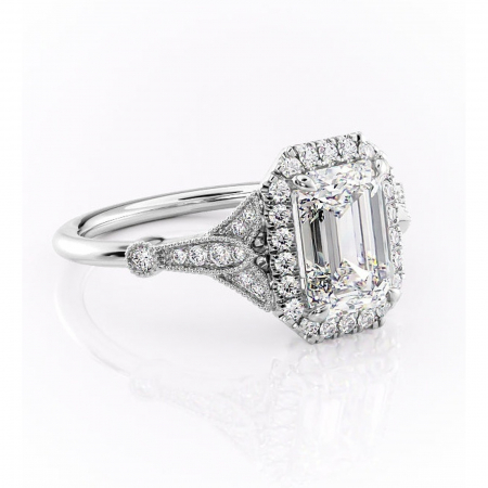 Smarald - Inel de logodnă Citrina din aur Alb 14kt cu moissanite tăietură smarald – Halo rafinată pentru profil mediu | Personalizează și configurează gratuit online
