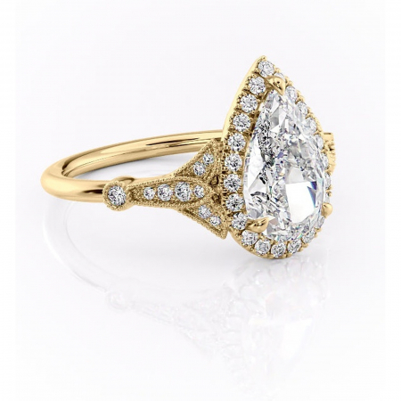 18K - Inel de logodnă Citrina din aur Galben 18kt cu moissanite tăietură pară – Halo rafinată pentru profil mediu | Personalizează și configurează gratuit online