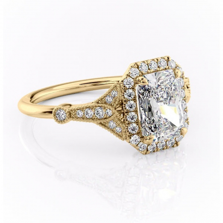 14K - Inel de logodnă Citrina din aur Galben 14kt cu moissanite tăietură radiantă – Halo rafinată pentru profil mediu | Personalizează și configurează gratuit online
