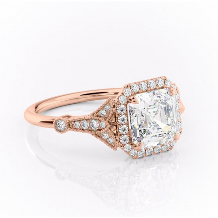 18K - Inel de logodnă Citrina din aur Rose 18kt cu moissanite tăietură asscher – Halo rafinată pentru profil mediu | Personalizează și configurează gratuit online