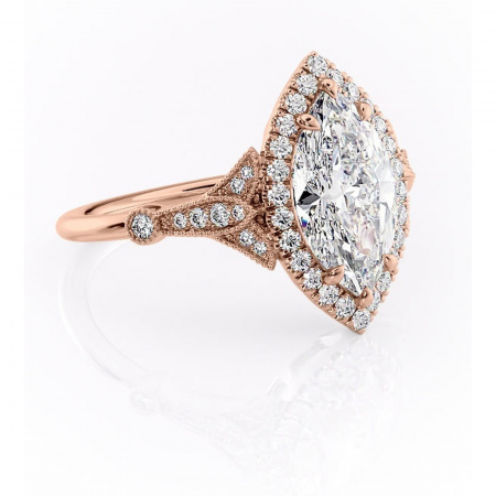 14K - Inel de logodnă Citrina din aur Rose 14kt cu moissanite tăietură marquise – Halo rafinată pentru profil mediu | Personalizează și configurează gratuit online