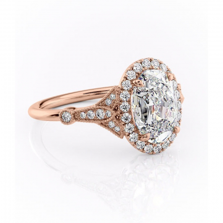 14K - Inel de logodnă Citrina din aur Rose 14kt cu moissanite tăietură ovală – Halo rafinată pentru profil mediu | Personalizează și configurează gratuit online