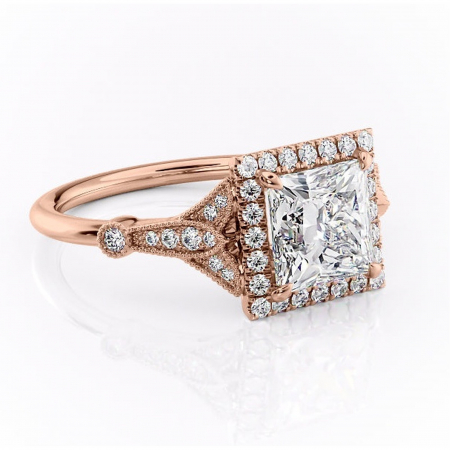 14K - Inel de logodnă Citrina din aur Rose 14kt cu moissanite tăietură princess – Halo rafinată pentru profil mediu | Personalizează și configurează gratuit online