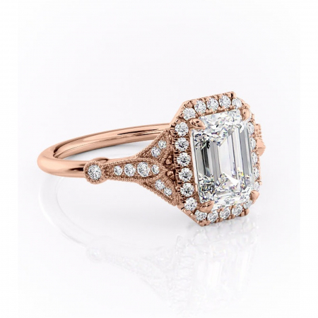 Smarald - Inel de logodnă Citrina din aur Rose 18kt cu moissanite tăietură smarald – Halo rafinată pentru profil mediu | Personalizează și configurează gratuit online