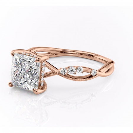 Inel de logodnă Crystal din aur Rose 14kt cu moissanite tăietură princess – Pietre laterale rafinată pentru profil mediu | Personalizează și configurează gratuit online [6]