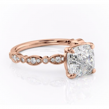 Pernă - Inel de logodnă Elowen din aur Rose 18kt cu moissanite tăietură pernă – Pietre laterale rafinată pentru profil înalt | Personalizează și configurează gratuit online