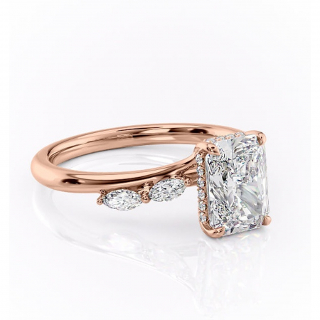 14K - Inel de logodnă Faelynn din aur Rose 14kt cu moissanite tăietură radiantă – Pietre laterale rafinată pentru profil înalt | Personalizează și configurează gratuit online