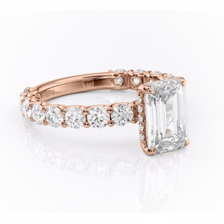 14K - Inel de logodnă Floralie din aur Rose 14kt cu moissanite tăietură smarald – Pietre laterale excepțional | Personalizează și configurează gratuit online