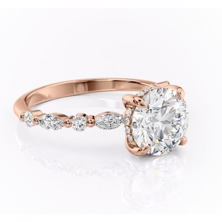 Aur roz - Inel de logodnă Gwendolyn din aur Rose 14kt cu moissanite tăietură rotundă – Pietre laterale rafinată pentru profil înalt | Personalizează și configurează gratuit online