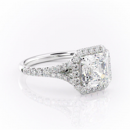 Asscher - Inel de logodnă Henrietta din aur Alb 14kt cu moissanite tăietură asscher – Halo rafinată pentru profil mediu | Personalizează și configurează gratuit online