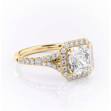 18K - Inel de logodnă Henrietta din aur Galben 18kt cu moissanite tăietură asscher – Halo rafinată pentru profil mediu | Personalizează și configurează gratuit online