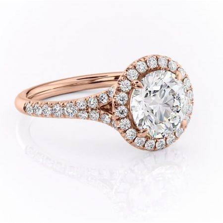 Aur roz - Inel de logodnă Henrietta din aur Rose 14kt cu moissanite tăietură rotundă – Halo rafinată pentru profil mediu | Personalizează și configurează gratuit online