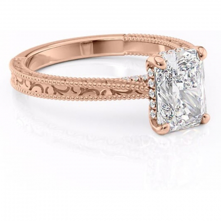14K - Inel de logodnă Jovie din aur Rose 14kt cu moissanite tăietură radiantă – Halo ascuns rafinată pentru profil înalt | Personalizează și configurează gratuit online