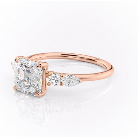 Inel de logodnă Lucinda din aur Rose 14kt cu moissanite tăietură asscher – Montură cu trei pietre rafinată pentru profil înalt | Personalizează și configurează gratuit online [6]
