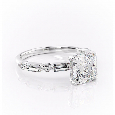 Asscher - Inel de logodnă Moonstone din aur Alb 14kt cu moissanite tăietură asscher – Pietre laterale rafinată pentru profil înalt | Personalizează și configurează gratuit online