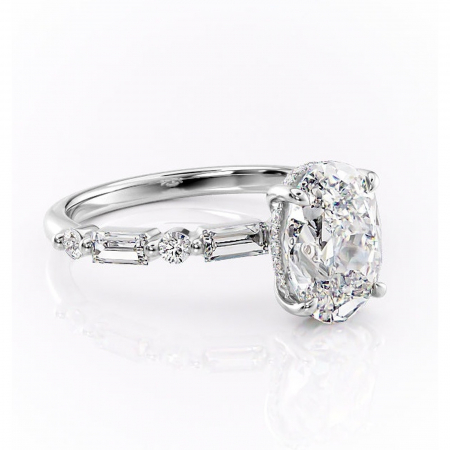 Ovală - Inel de logodnă Moonstone din aur Alb 14kt cu moissanite tăietură ovală – Pietre laterale rafinată pentru profil înalt | Personalizează și configurează gratuit online