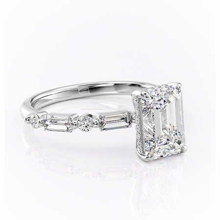 Smarald - Inel de logodnă Moonstone din aur Alb 14kt cu moissanite tăietură smarald – Pietre laterale rafinată pentru profil înalt | Personalizează și configurează gratuit online