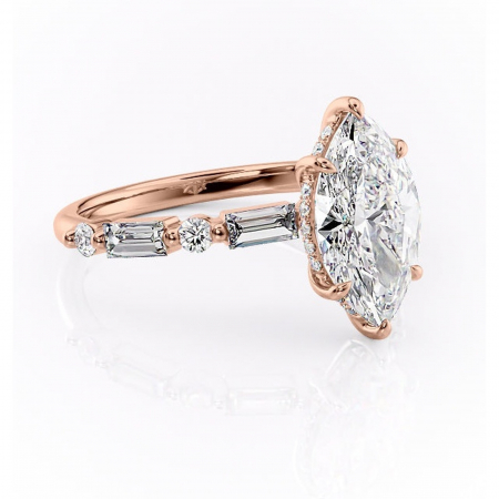 14K - Inel de logodnă Moonstone din aur Rose 14kt cu moissanite tăietură marquise – Pietre laterale rafinată pentru profil înalt | Personalizează și configurează gratuit online