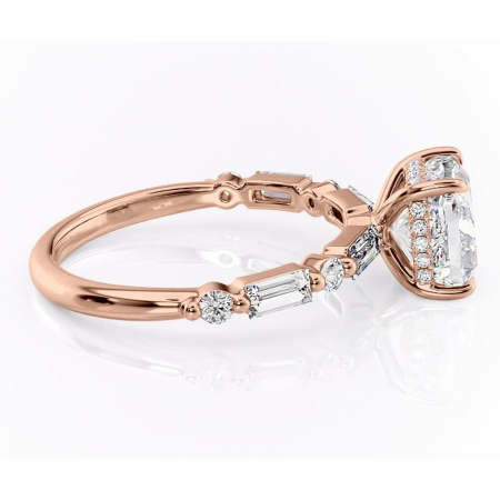 Inel de logodnă Moonstone din aur Rose 14kt cu moissanite tăietură pernă – Pietre laterale rafinată pentru profil înalt | Personalizează și configurează gratuit online [1]