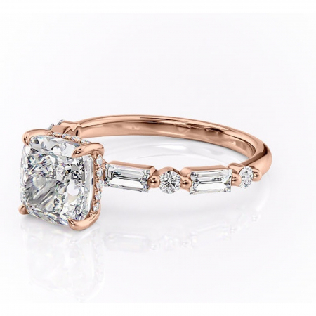 Inel de logodnă Moonstone din aur Rose 14kt cu moissanite tăietură pernă – Pietre laterale rafinată pentru profil înalt | Personalizează și configurează gratuit online [6]