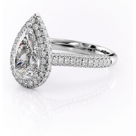 Inel de logodnă Nerina din aur Alb 14kt cu moissanite tăietură pară – Halo rafinată pentru profil înalt | Personalizează și configurează gratuit online [6]