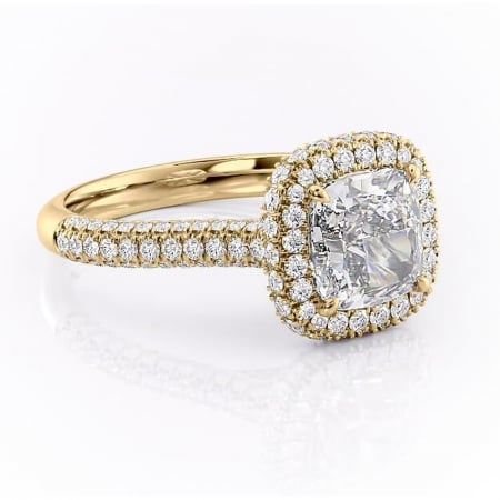 Aur galben - Inel de logodnă Nerina din aur Galben 18kt cu moissanite tăietură pernă – Halo rafinată pentru profil înalt | Personalizează și configurează gratuit online