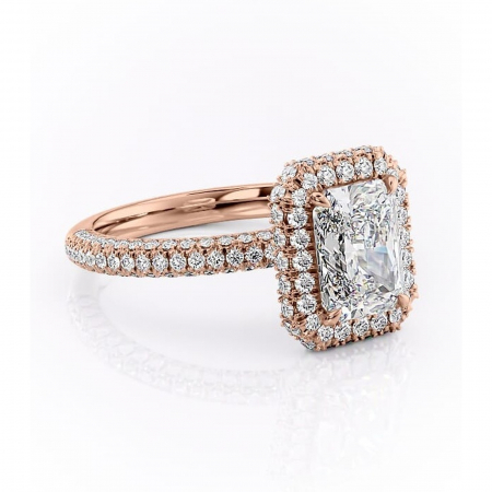 Aur roz - Inel de logodnă Nerina din aur Rose 18kt cu moissanite tăietură radiantă – Halo rafinată pentru profil înalt | Personalizează și configurează gratuit online