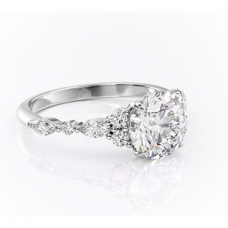 Accent - Inel de logodnă Rosamund din aur Alb 14kt cu moissanite tăietură rotundă – Pietre laterale rafinată pentru profil mediu | Personalizează și configurează gratuit online